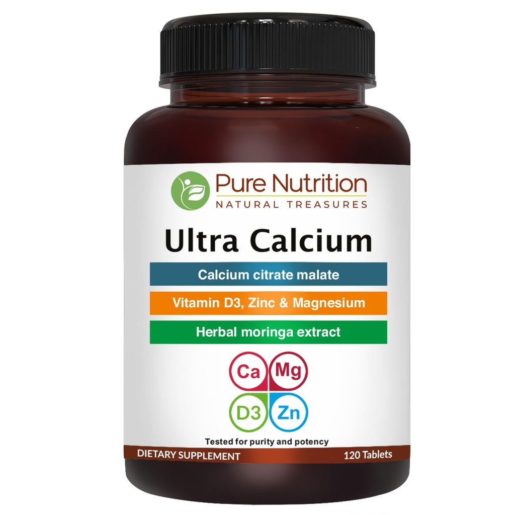 Pure Nutrition Ultra Calcium 1000mg com VIT D3 + K2 120 Tab □ Suplemento de cálcio altamente absorvível com Citrato de cálcio Malato, VIT D3, K2, Moringa Oleifera, Magnésio e Zinco.