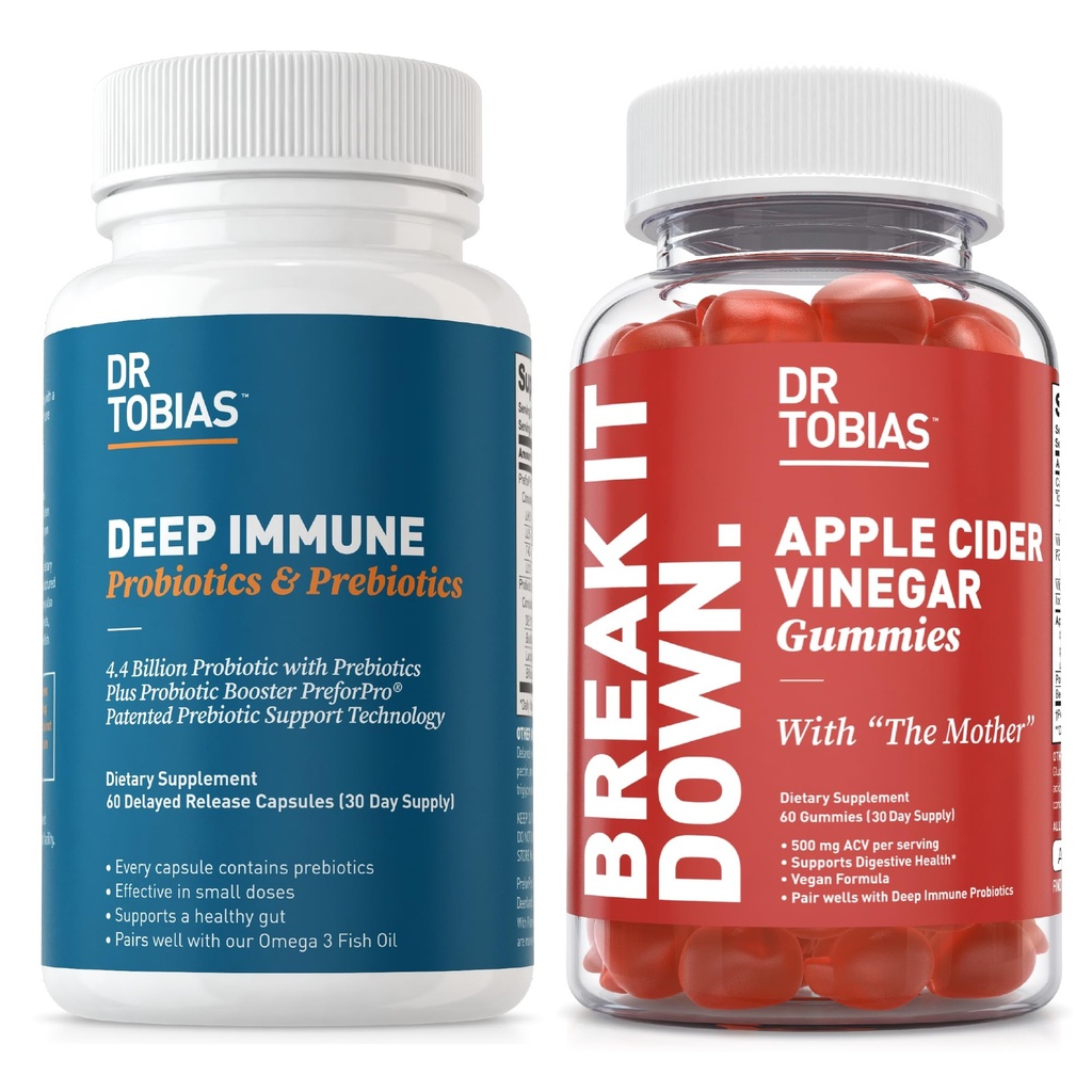 Dr. Tobias Deep Imune Probióticos & Prebióticos e Apple Cider Vinagre Gummies, Suporta Saúde Digestiva, Gut Imune Function, Cleanse & Detox para homens e mulheres com 4.4. Bilhões de UFC e a mãe