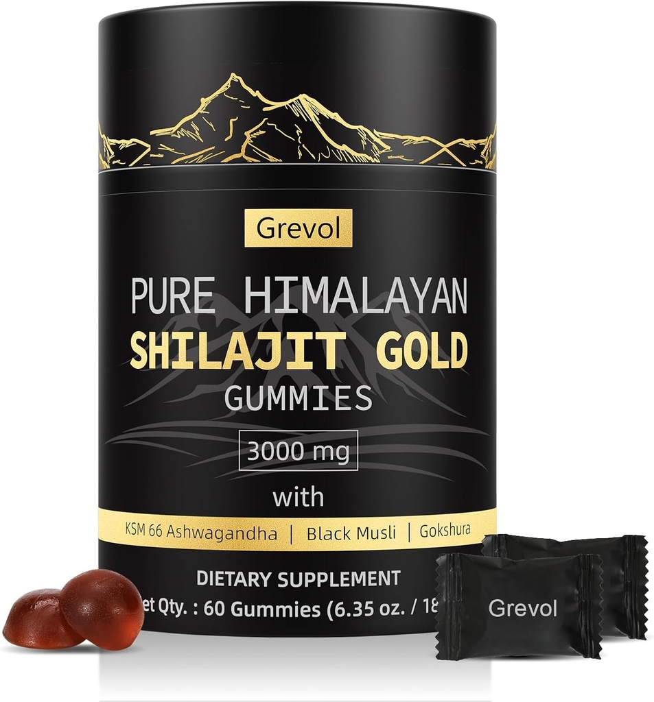 Himalayan Shilajit Gummies: Ouro grau Shilajit rico com ácido fulvico Ashwagandha & 85+ Trace Minerals - Não adicionado açúcar - Individualmente embrulhado - para homens e mulheres - 60 Gummy
