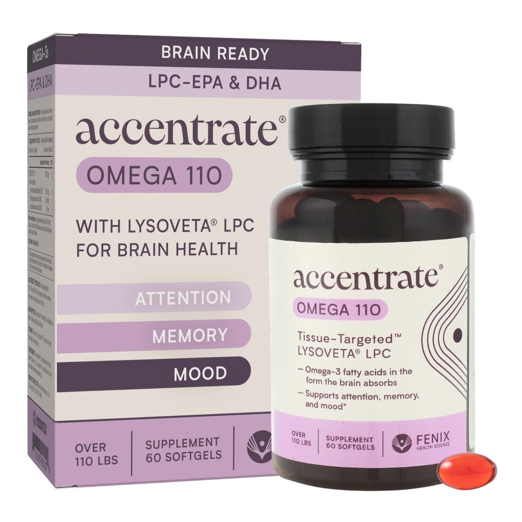 Omega 110 w/LYSOVETA LPC / EPA & DHA Suplementos para Cérebro & Retina Saúde , Foco, Atenção, Memória, Mood & Visão , 6X Absorção mais alta do que óleo de peixe , alta potência Omega-3 LPC-DHA