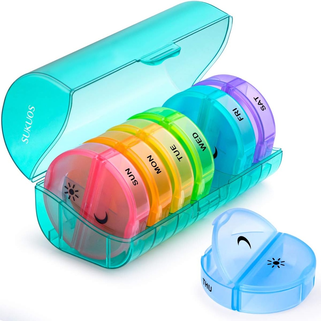 Sukuos grande organizador semanal de pílulas 2 vezes por dia, caixa diária de pílulas 7 dias fácil de abrir com proteção dupla, caso da pílula AM PM para medicina / Vitamina / óleo de peixe / suplementos (Cyan)