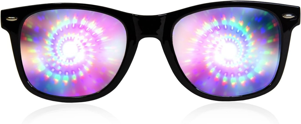 GloFX Black Frame Spiral Difraction Glasses – Laser Etched for Hipnotic Spiral Light Effects, Flexível & Durável para Raves & Festivais