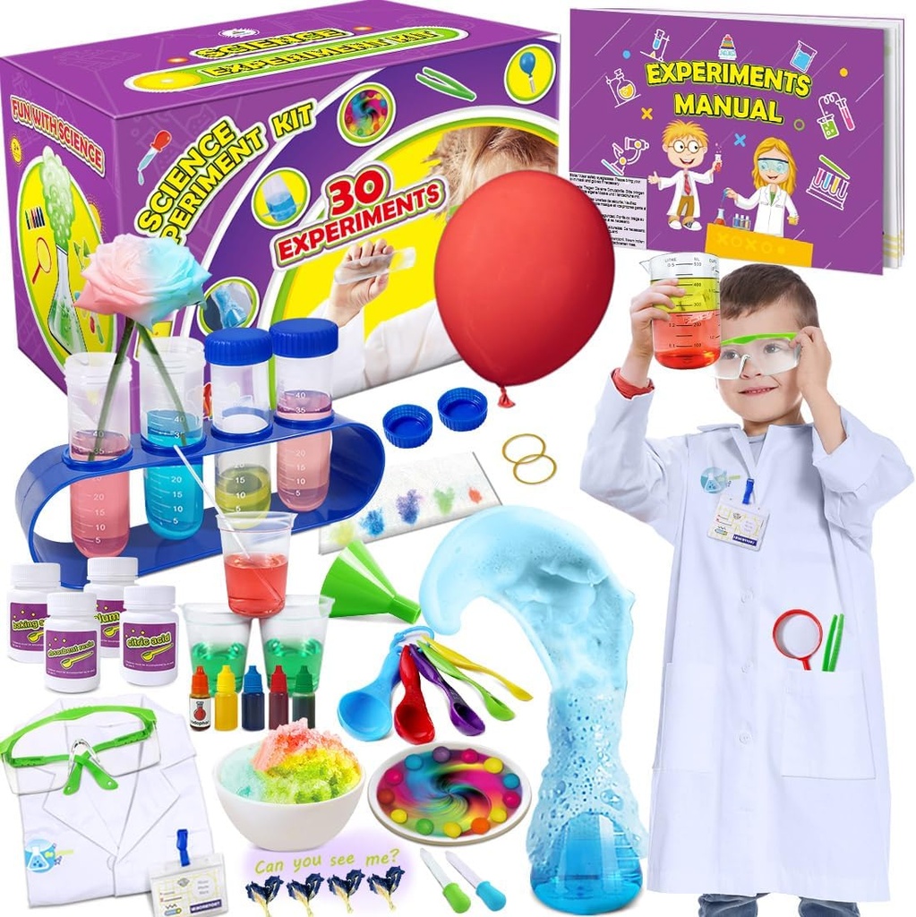 UNGLINGA 30 Experiments Science Kit for Kids with Lab Coat, Chemistry Set Brinquedos STEM Presentes de Aniversário para Meninos Meninas, Cientista Costume Papel Play Tools Educational Learning Set