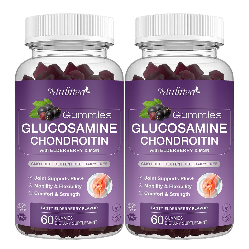 Mulittea Glucosamina Condroitin Gummies - Suplemento de suporte conjunto de força extra com HSH & Elderberry para articulação natural, Antioxidante Imune Support para adultos, homens e mulheres-(2 Pack)