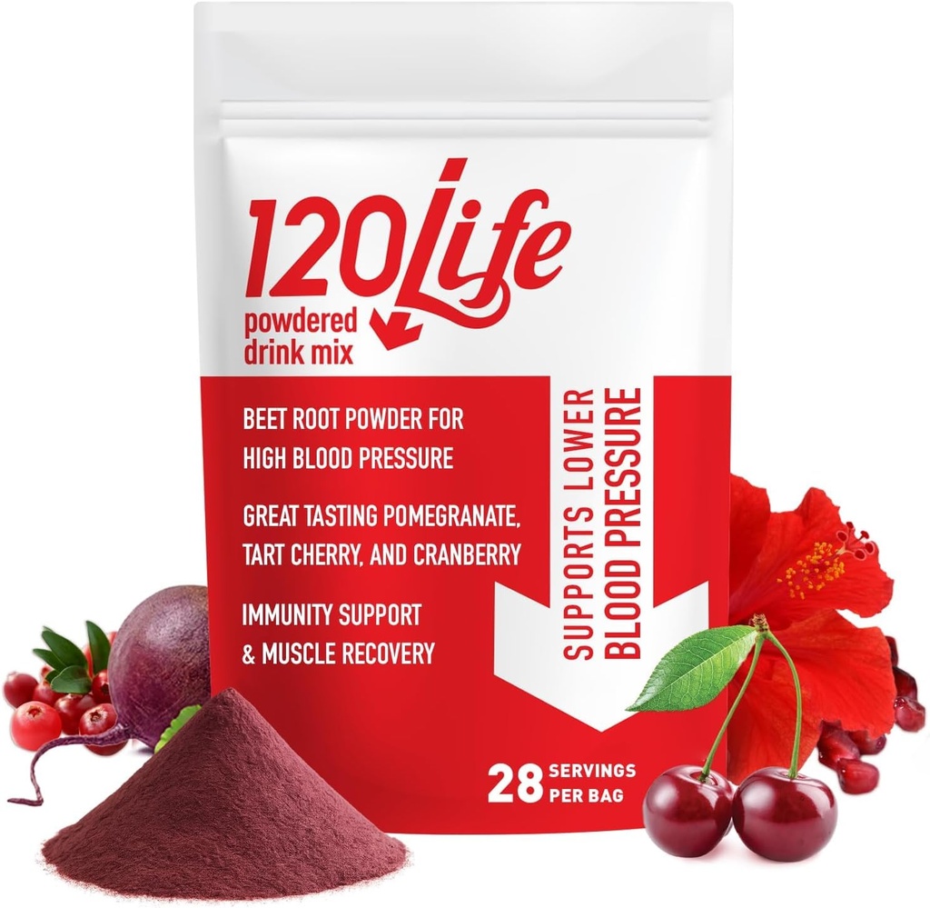 120LIFE Blood Pressure Support, Natural Beterraba Raiz em pó Beber Misture com pó de romã, Suplemento de cranberry, Cereja de Tarte, Hibisco, e Magnésio (28 Servões) - Sem glúten, Vegan
