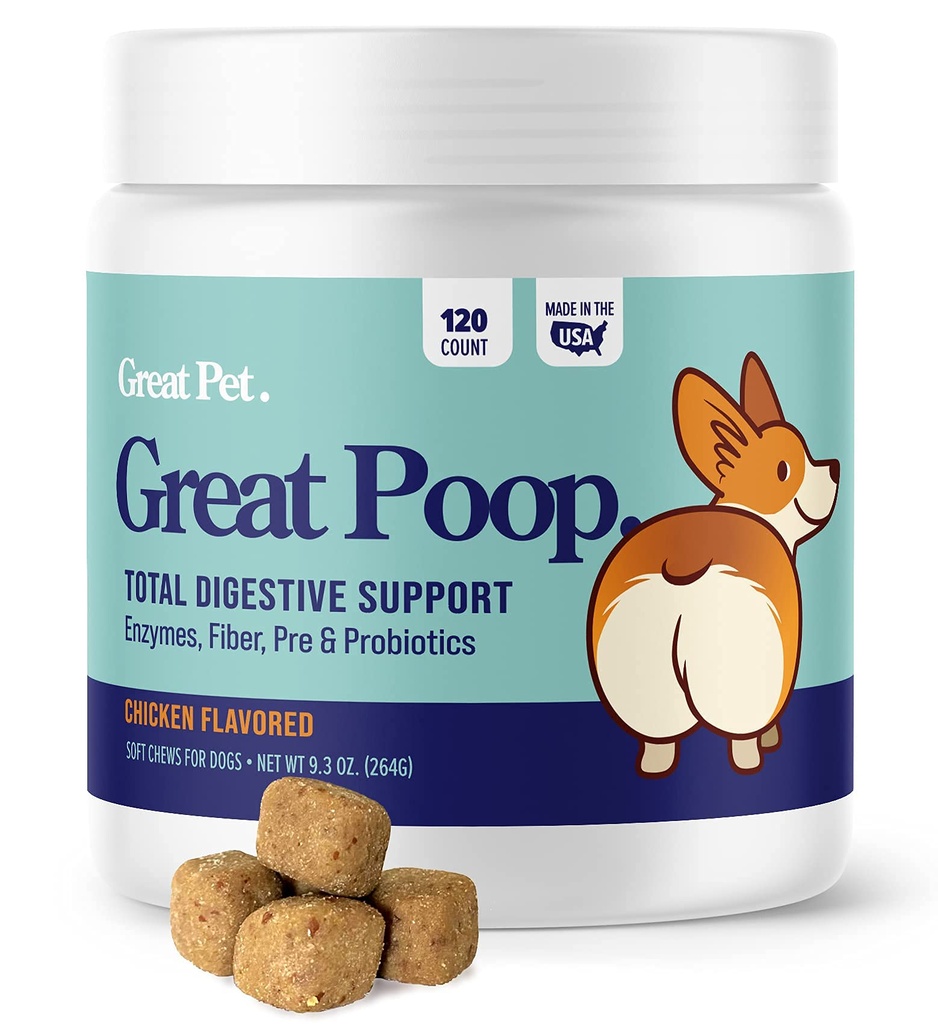 Grande Poop Probióticos para cães - Fibra para cães Suplemento com cães Probióticos e Enzimas Digestivas para uma Gut saudável, Firm Stool & Diarrhea Alief - frango saboreado animal de estimação macio mastiga com prebióticos