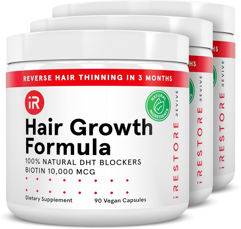 iRestaurar suplemento de crescimento de cabelo – Natural DHT Blockers & Multivitamin Mistura – Vegan, Não-GMO, 90 Cápsulas – Suporta mais grosso, Cabelo mais forte para homens e mulheres – 3-Pack