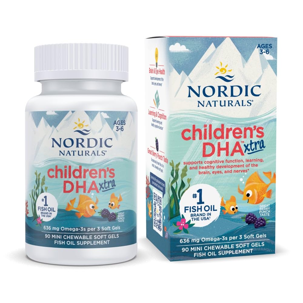 Nórdico Naturals Crianças DHA Xtra, Berry Punch - 90 Mini geles macios mastigáveis para crianças - 636 mg Omega-3s EPA & DHA - Função cognitiva e imunitária, aprendizagem, desenvolvimento social - Não-GMO - 30 Servings