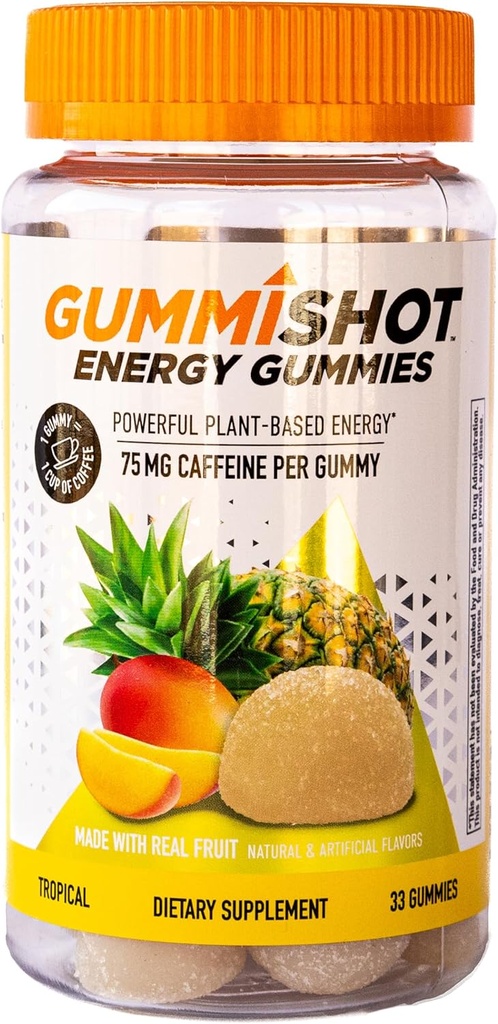 GummiShot Energy Gummies, 2475mg de mastigação de cafeína baseada em plantas por garrafa, impulsionadores de energia de longa duração, tropicais (33ct)