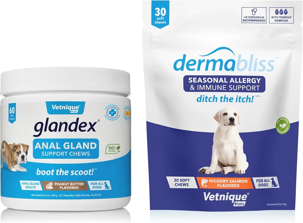 Vetnique Labs Dermabliss Allergy Chews 30 Ct e Glandex Anal Gland Support Mastiga 60 Ct Bundle Dog Vitaminas & Suplementos, Anal Gland Dog Doces com Probióticos, Dog Allergies Tratamento da pele Mastigação suave
