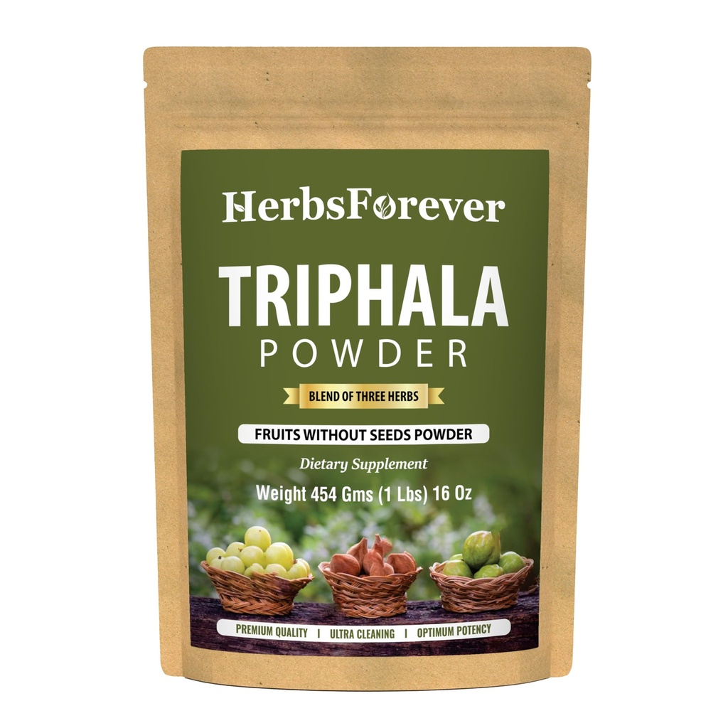 Herbsforever Triphala Churna pó tradicional Formulação ayurvédica suporta desintoxicação e rejuvenescimento não OGM, Vegan 454 GMS