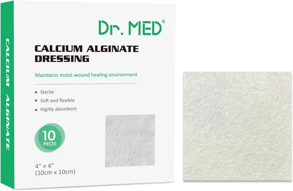 Dr. Med Alginate Alginate Wound Dressing 4 "x4", 10 embalagem individual de alta absorção Dressing Gauze, Alginate Pads Não-Stick, Patch macio e confortável para o cuidado da ferida, cura mais rápida