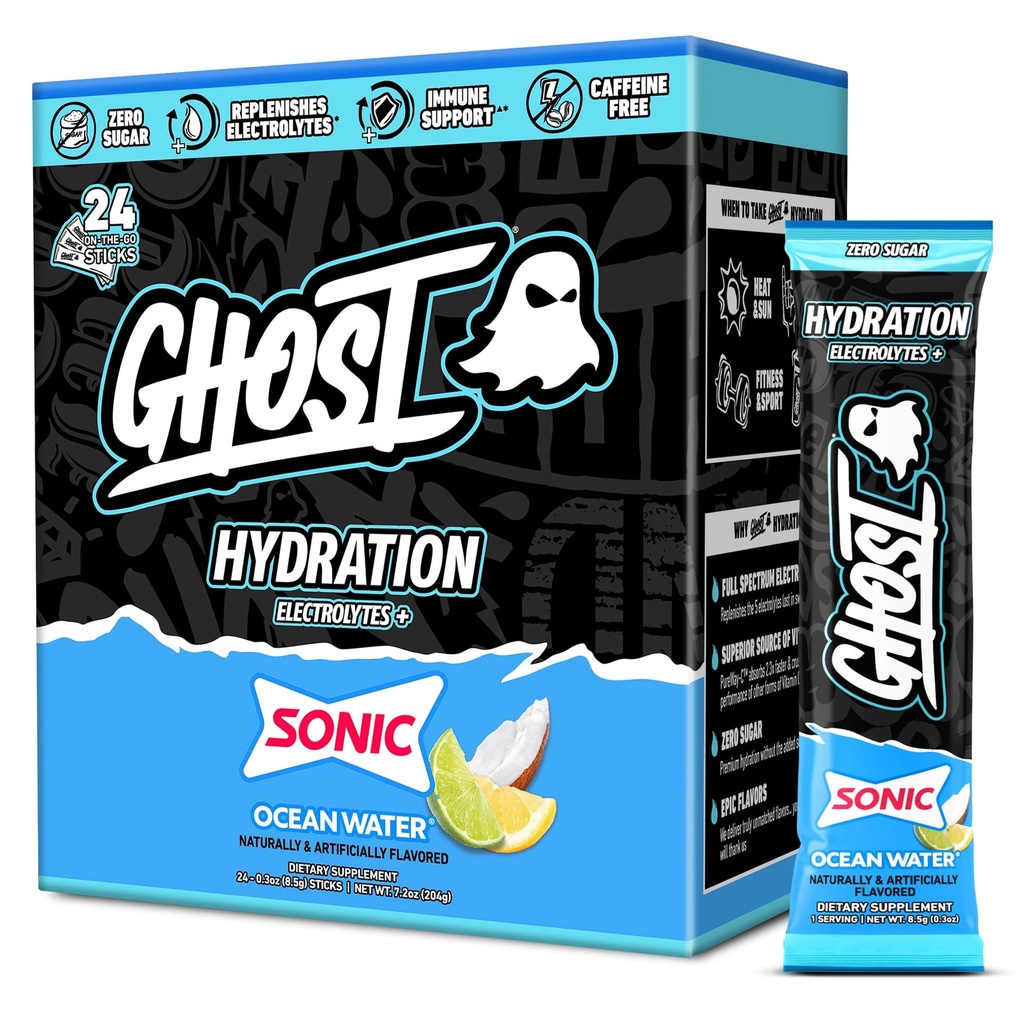 Pacotes de Hidratação GHOST, Água do oceano Sonic, 24 Varetas, Pó de Eletrolítico - Beber Suplemento Mix com Magnésio, Potássio, Cálcio, Vitamina C - Vegan, Livre de Soja, Açúcar e Glúten