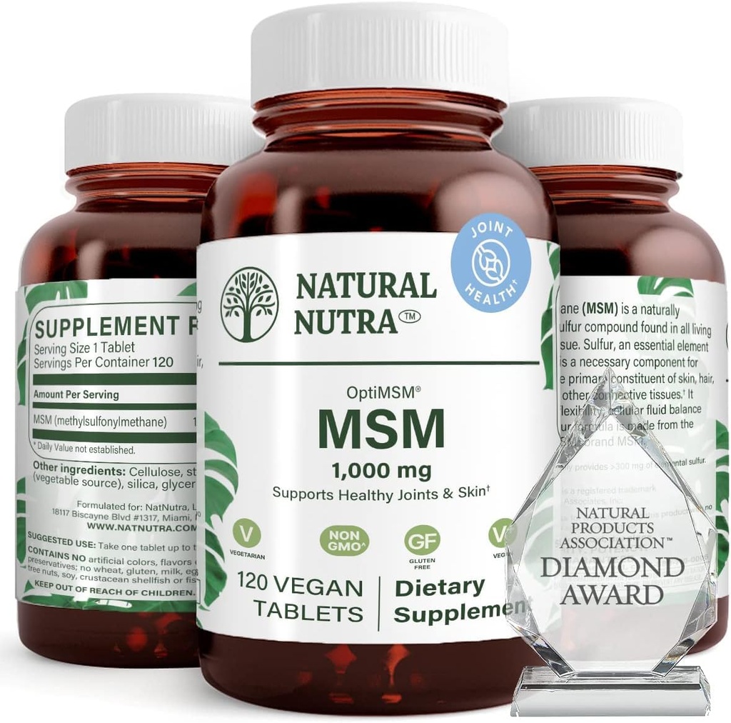 Natural Nutra OptiMSM, MSM Suplemento com Enxofre, Prevenir a diminuição do cabelo, Aumentar a flexibilidade articular e saúde óssea, Cartilagem Saúde, Ajuda a apoiar o equilíbrio de fluidos, 1000 mg, (120) Tablets Vegan