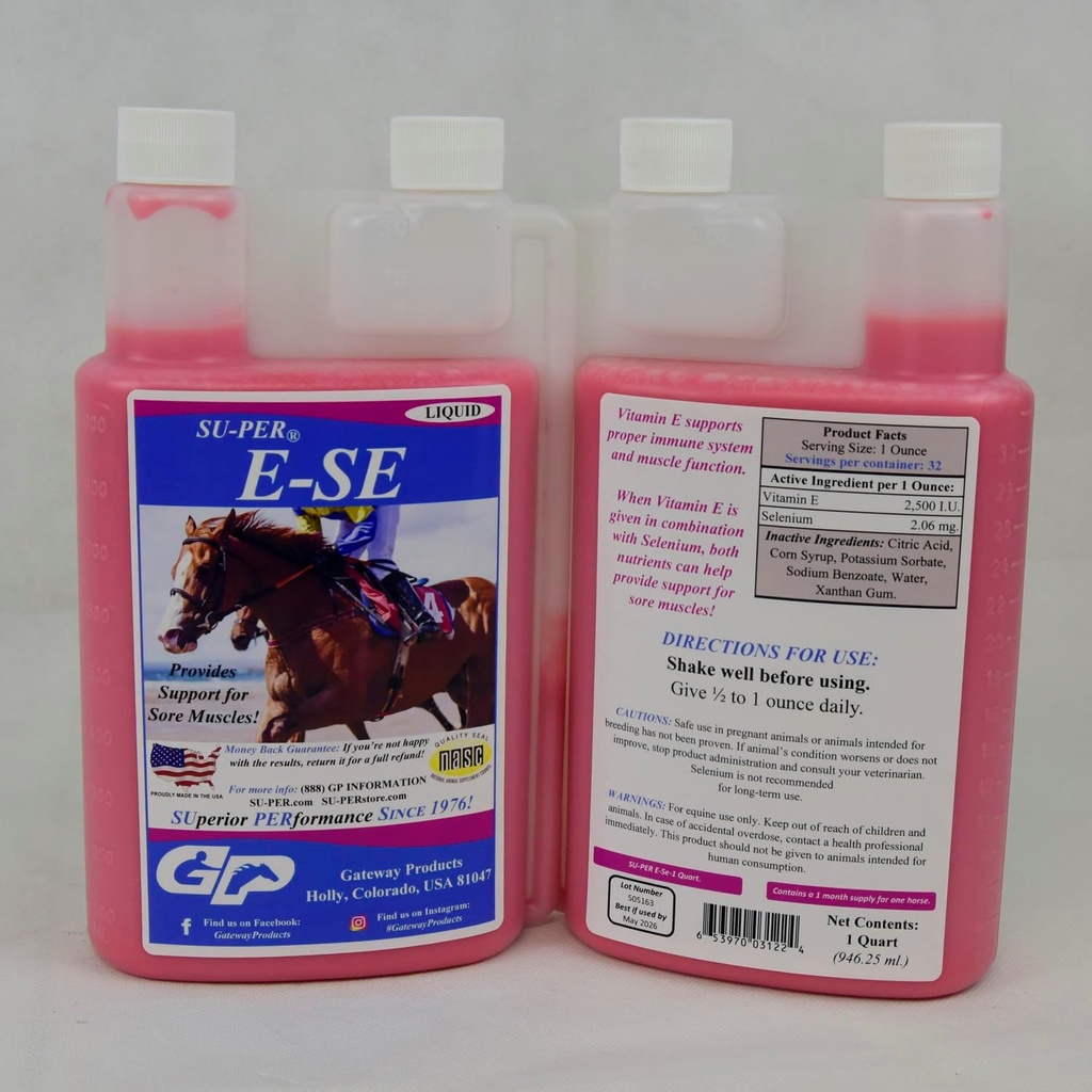 SU-PER E-Se Horses Antioxidante Suplemento - Vitamina E & Selênio para o apoio dos músculos doloridos - 1 Quart, 1 Mês de Fornecimento (30 dias)