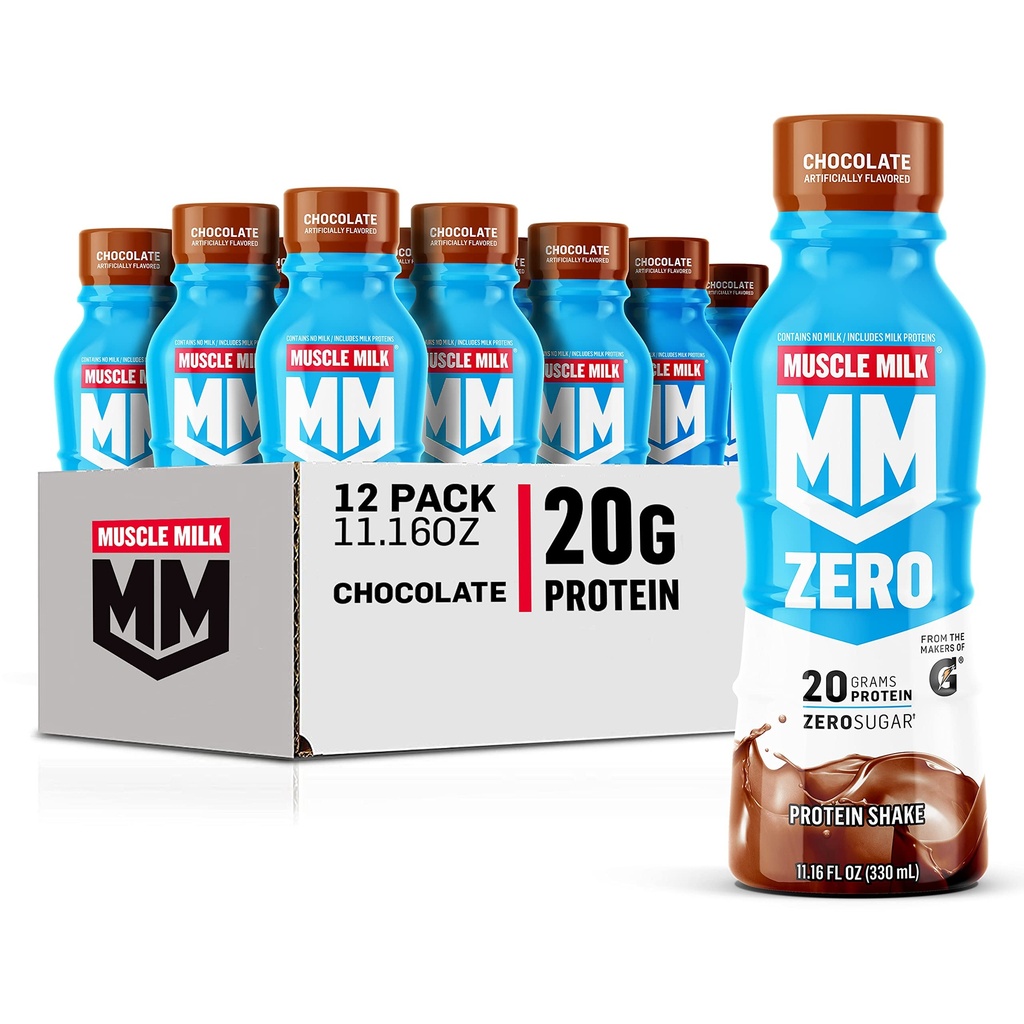 Leite muscular Zero Protein Shake, Chocolate, 20g Proteína, Açúcar Zero, 100 Calorias, Cálcio, Vitaminas A, C & D, 4g Fibra, Energizing Snack, Recuperação de exercícios, Embalagem Maio Vary, 11.16 Fl Oz (Pacote de 12)