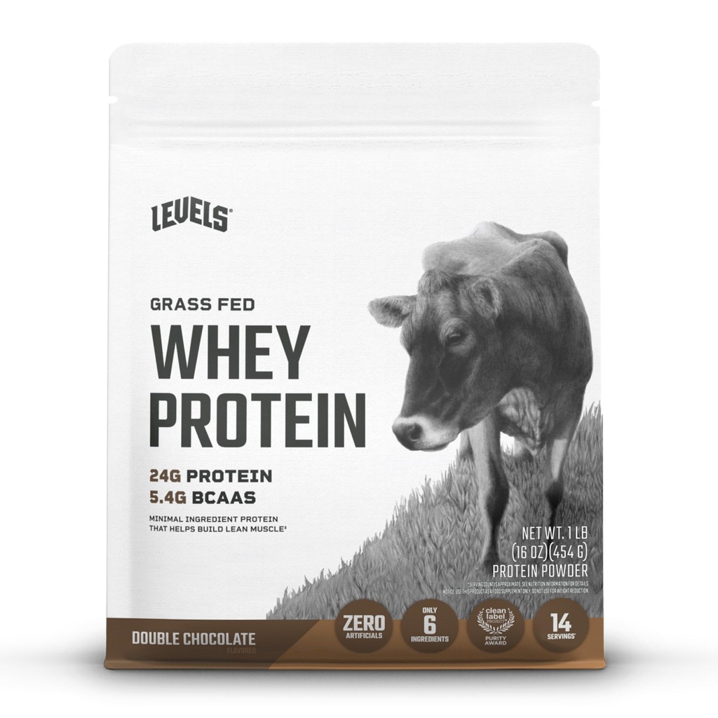 Níveis Grass Fed Whey Protein Powder, Sem artificiais, 24G de proteína, Chocolate duplo, 1LB