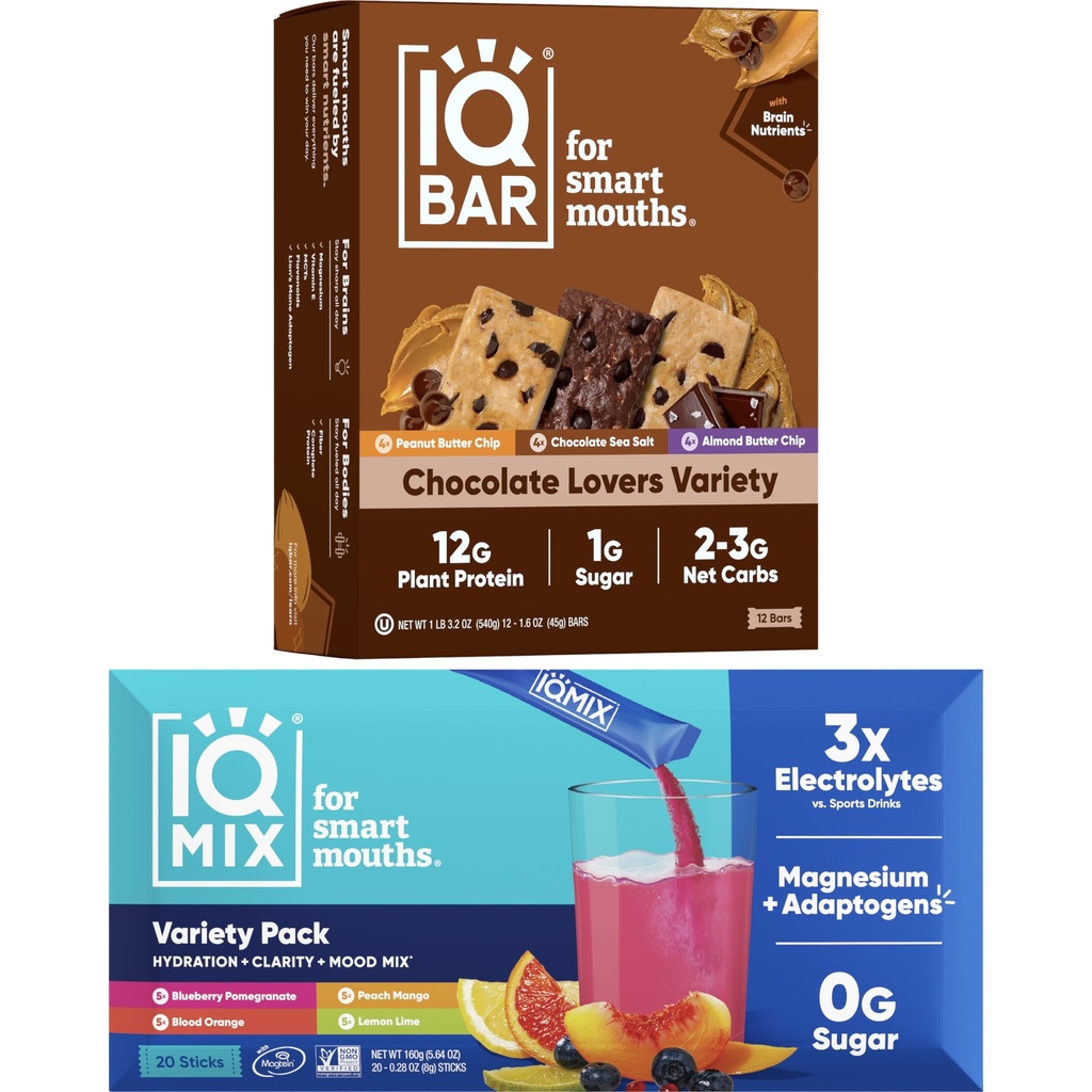 IQBAR Brain and Body Keto Protein Bares - 12 Count Chocolate Lovers Variety Low Carb, Vegan Bares & IQMIX Sugar Free Electrolyte Powder Packets - 20 Count Variety Pack Keto Electrolytes com Leões Mane