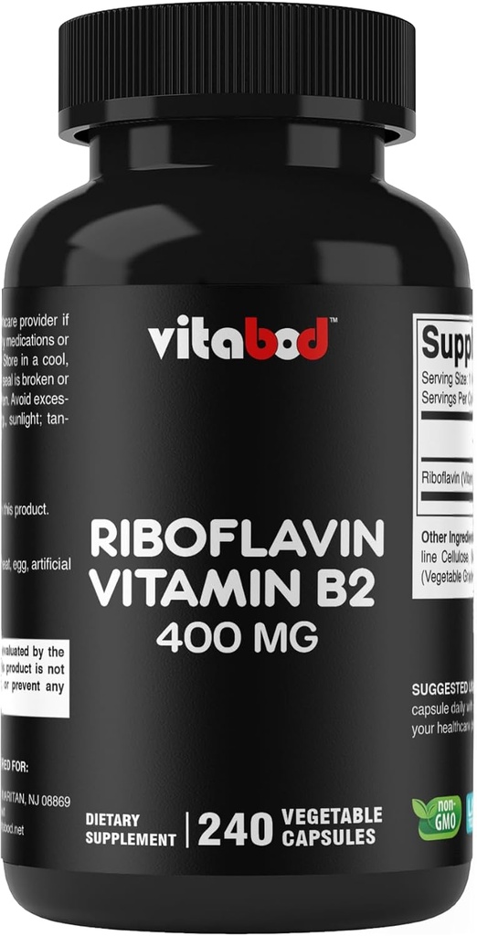 Vitamina B2 (Riboflavina) 400 mg 240 Cápsulas Vegetarianas - Suporte Energia Celular e Produção de Células Vermelhas