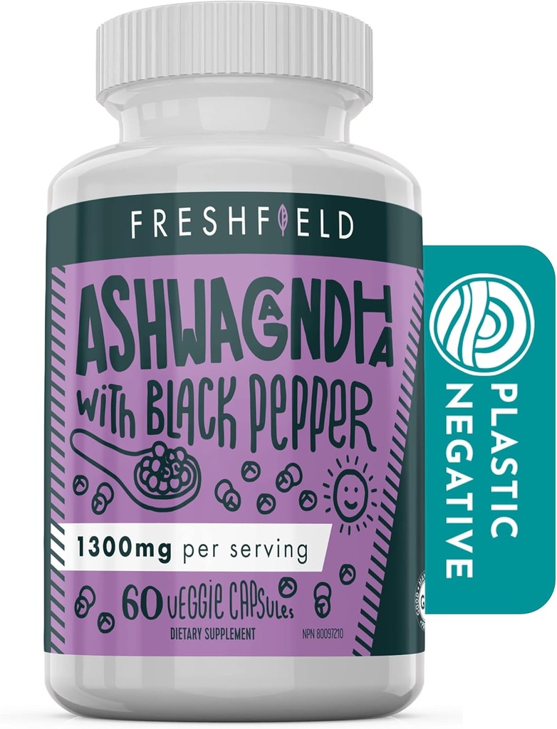 Freshfield Ashwagandha com pimenta preta. Vegan Friendly Supplement for Adrenal Fadiga Support, Memória muscular, Tiróide e Força. Todas as Cápsulas Natural 1300mg