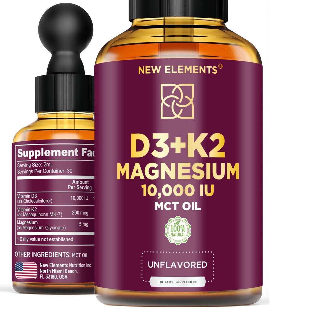 Vitamina D3 Líquida com Glicinato de K2 e magnésio; gotas de vitamina D 10.000 UI; vitamina K2 200mcg Mk7; vitamina D3 + suplemento K2 para homens e mulheres; alta absorção; óleo de MCT; sem glúten; não-GMO
