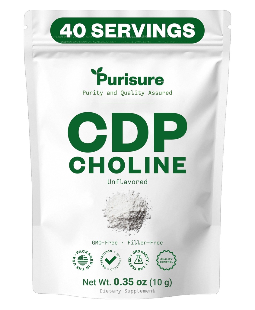 Pursure CDP Choline Powder, 10g, CDP Choline Supplements That Support Atenção, Foco e Energia, Citicoline Powder for Cognitive Function, Aumenta a Motivação e Produtividade, 40 Servings