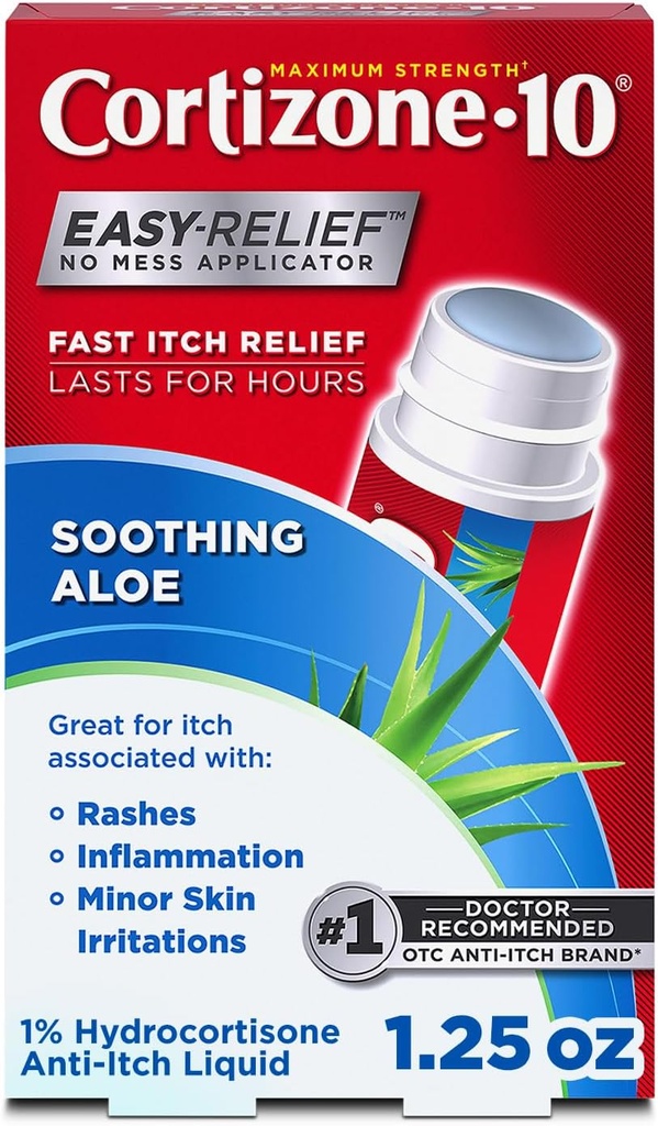 Cortizone-10 Força máxima calmante Aloe Itch Relief No Mess Aplicator, 1% de hidrocortisona, de ação rápida, líquido anti-Itch para mordidas de insetos, Erupção cutânea, Eczema, Psoríase, Hera Venenosa, Carvalho & Sumac, 1,25 fl oz