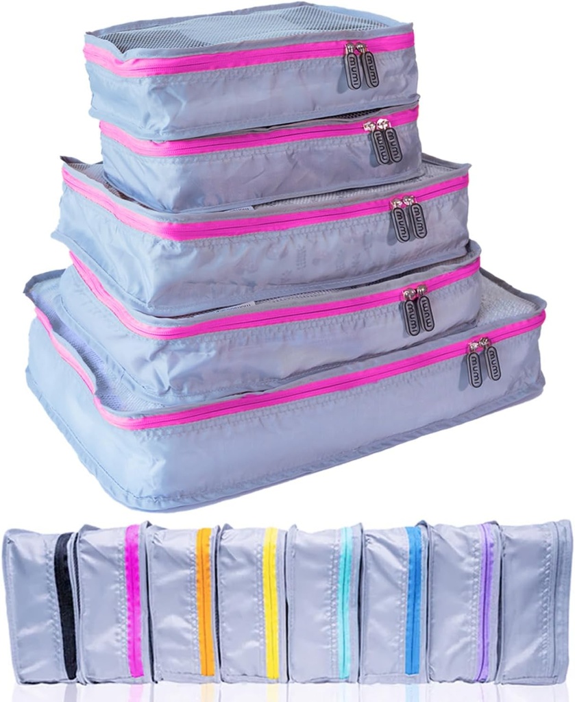 Cubos de embalagem MUMI – Cubos de embalagem de compressão 5-Piece para viagem, Organizadores de Bagagem para Malas, Sacos de transporte, Mochilas e Sacos de Duffel – Essentials de viagem que salva espaço - Rosa