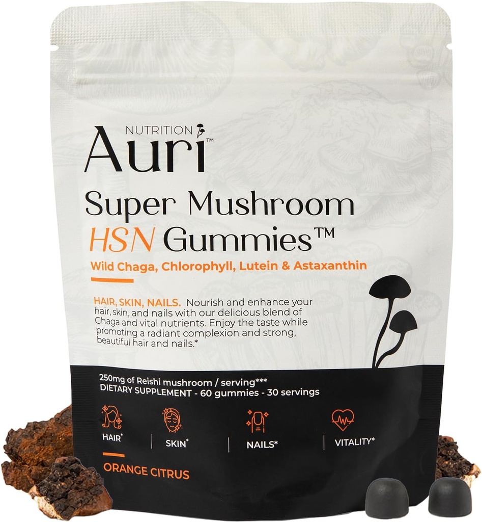 Auri Super Mushroom HSN Gummies - Pele de cabelo e unhas Gummies Functional Mushrooms Suplemento - com Chaga Selvagem, Chlorophyll, Lutein e Astaxantina - 60 laranja Citrus Gummies