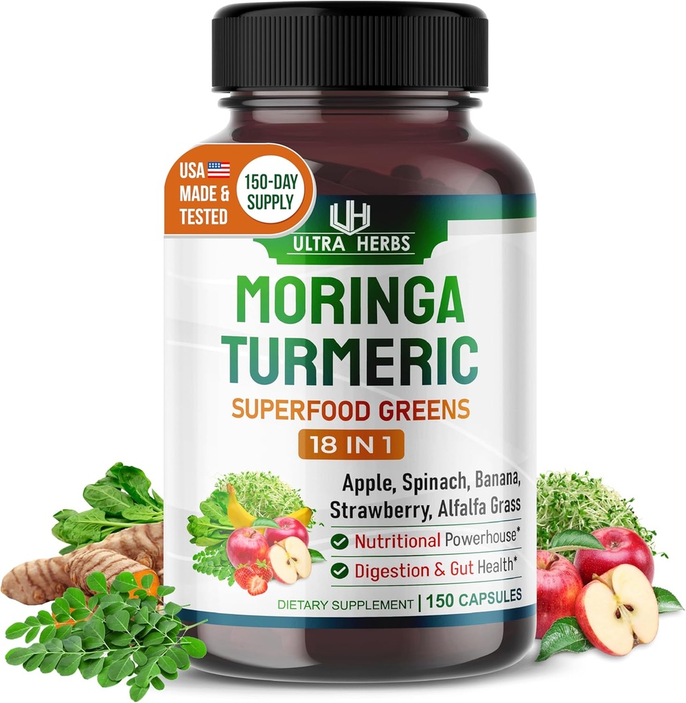 Superfood Greens 18 IN 1 - com frutas e vegetais & ervas -Moringa, Alfalfa, maçã, espinatch, banana, morango- Boost Energia, Imunidade e Gut Saúde (fornecimento de 150 dias (pacote de 1))