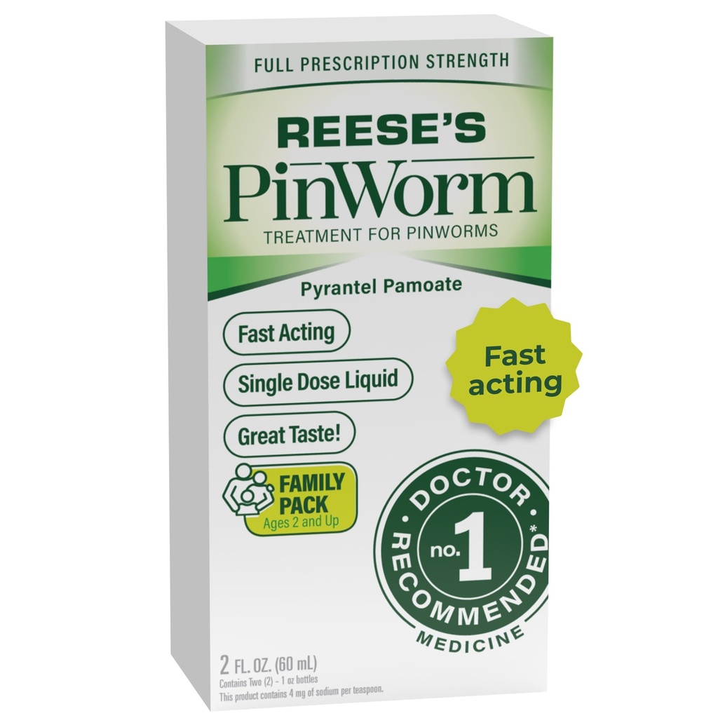 REESE'S PINWORM Medicine Liquid for Entire Family, Full Prescription Strength, 2 Oz, #1 Doutor recomendado dose única Pyrantel Pamoate Dewormer para adultos e crianças Idades 2+, Banana Flavor