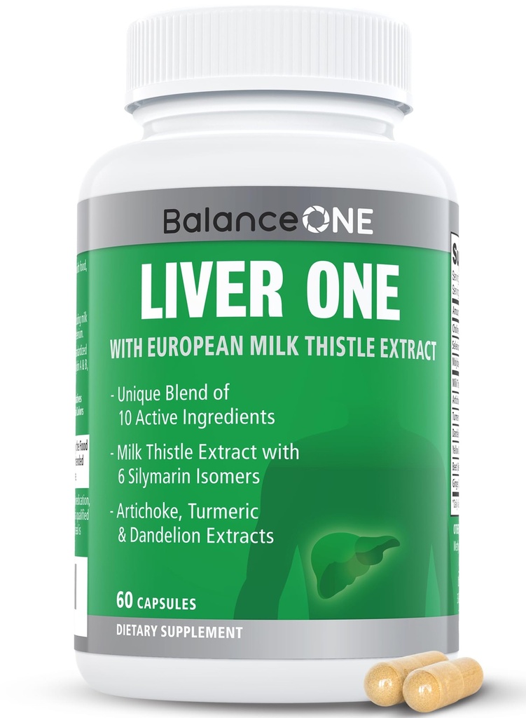 Equilíbrio ONE Suplemento de suporte de fígado com extrato de cardo de leite, raiz de dente-de-leão e molibdênio – Limpeza de fígado natural, reparo e detox para homens e mulheres - Cápsulas Vegan, 1 mês de fornecimento - fígado um
