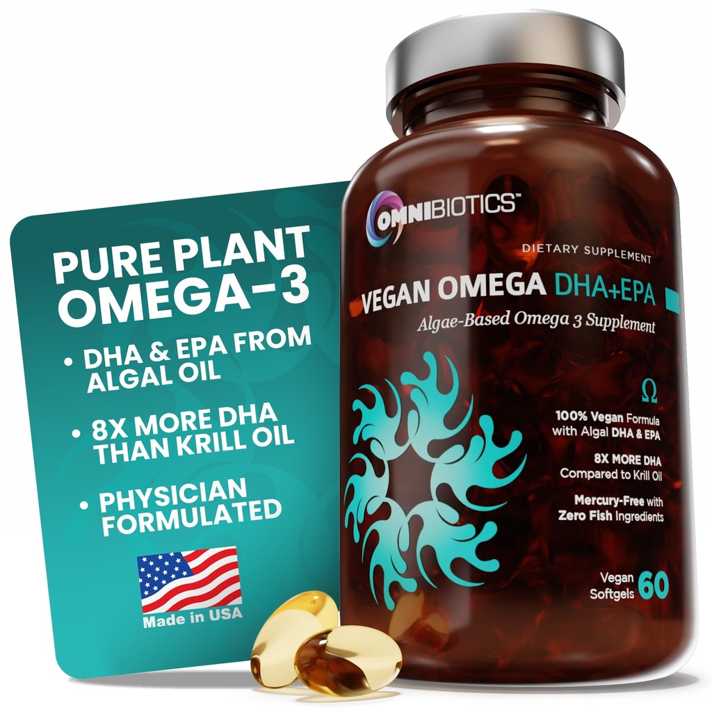 OmniBiotics Vegan Omega 3 DHA EPA Supplement – Suplemento pré-natal certificado MD com 8X mais DHA do que óleo de krill, sem peixes, Não-GMO – 60 Cápsulas Vegan
