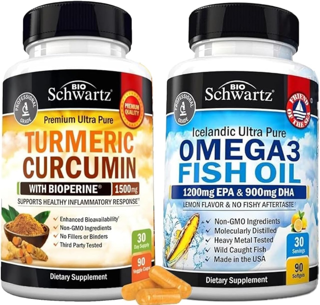Tripla força Omega 3 óleo de peixe Softgels (1 Mês de Fornecimento) Mais curcumina cúrmica com extrato de pimenta preta 1500mg Complexo (1 Mês de Fornecimento)