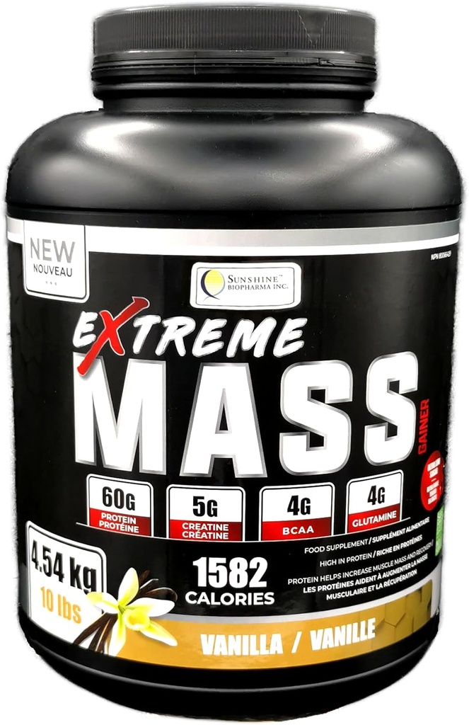 Massa extrema peso Gainer Muscle Builder, 10 lb (4.54 kg) com menos açúcar para treino intenso Treino feito de alta caloria Fortificada proteína de soro (Vanilla)