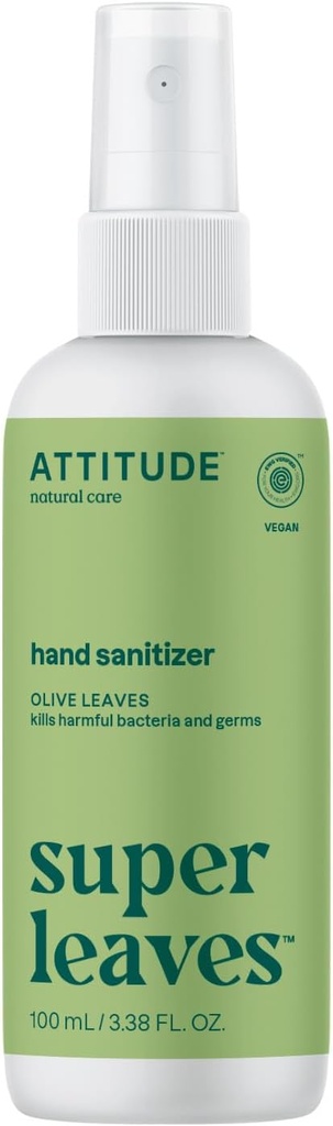 ATTITUDE Hand Sanitizer Spray, EWG Verificado, Mata Germes e Bactérias, Vegan & Planta-baseada, Seguro para adultos e crianças, Folhas Olive Scent, 3.38 Fl Oz (Garrafa Spray)
