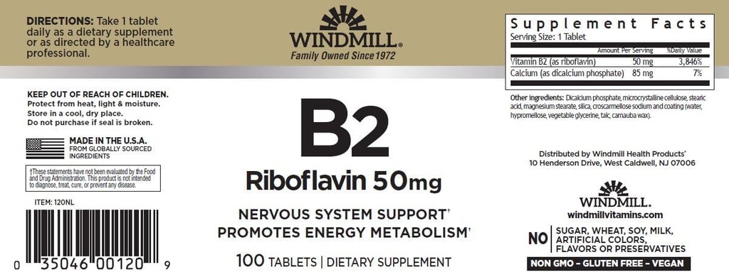 Moinho de vento Vitamina B-2 50 mg Comprimidos - 100 ea (2 Embalagem)