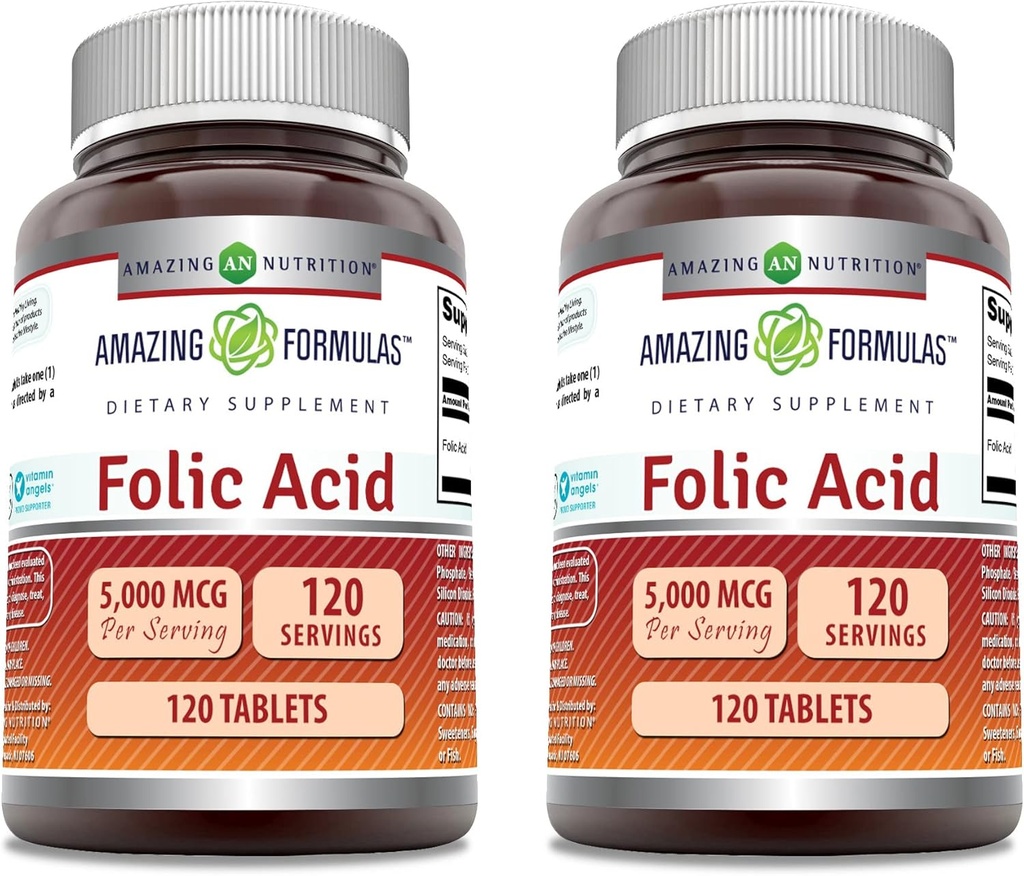 Fórmulas surpreendentes Suplemento de ácido fólico 5000 Mcg 120 Comprimidos Não-GMO Não-Gluten Free