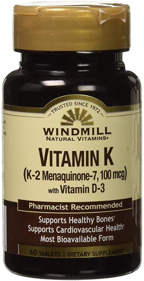 Vitaminas naturais do moinho de vento Vitamina K (K-2 Menaquinona-7, 100mcg) 60 comprimidos (Pacote de 1)