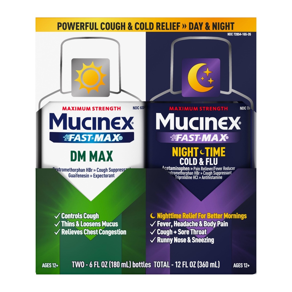 Força máxima Mucinex FastMax DM Max & Mucinex Nightshift Cold & Flu Liquid (2 x 6 fl. oz.) Magro & Loosens Muco, Alivia Tosse & Congestão do Peito, Dor, Febre, Espirros, Garganta Dorida, Nariz Runny