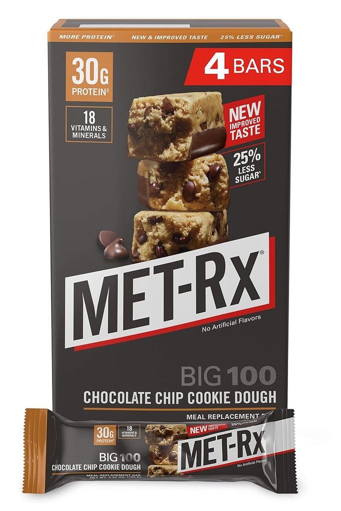 MET-Rx Big 100 barras de proteína colossal, ótimo como saudável substituição de refeições, lanche, e ajudar a apoiar a energia, sem glúten, Chocolate Chip Cookie Dough, 100 g, 4 contagem (embalando maio Vary)