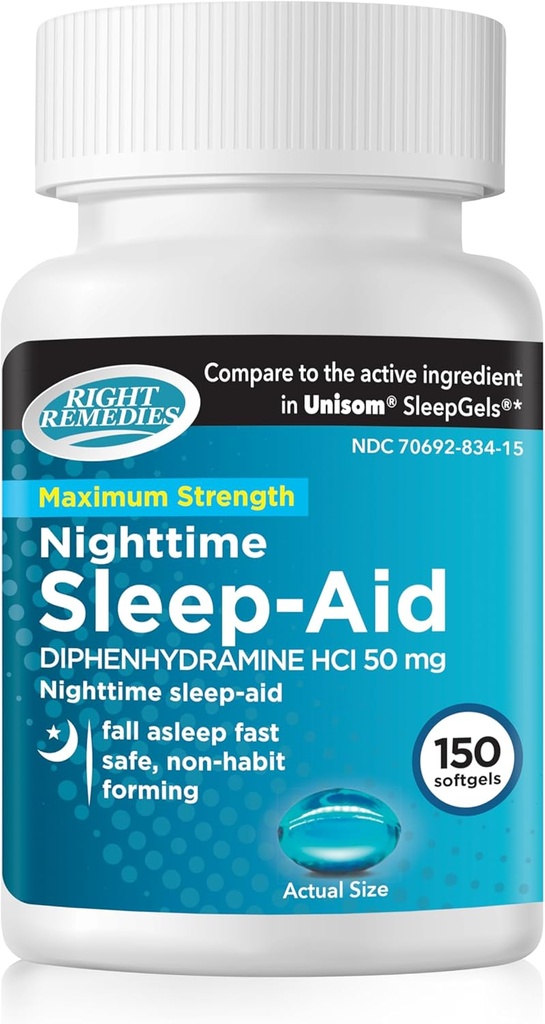 Sono à noite Ajuda Softgels, (150 softgels), Difenidramina HCI 50 mg, Queda dormindo rápido, Suporta sono mais profundo, repouso