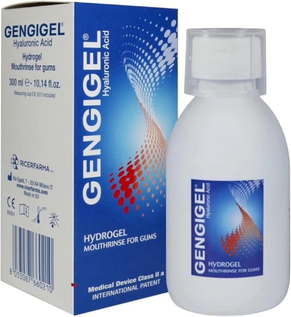 Gengigel Hyaluronic Acid Mouthrinse (300 ml), Solução de cuidados orais para a saúde da gengiva, Reduz o desconforto, Ajuda a aliviar a recessão de chiclete & gengivitis, Sem álcool ou SLS, Vegan & Kosher