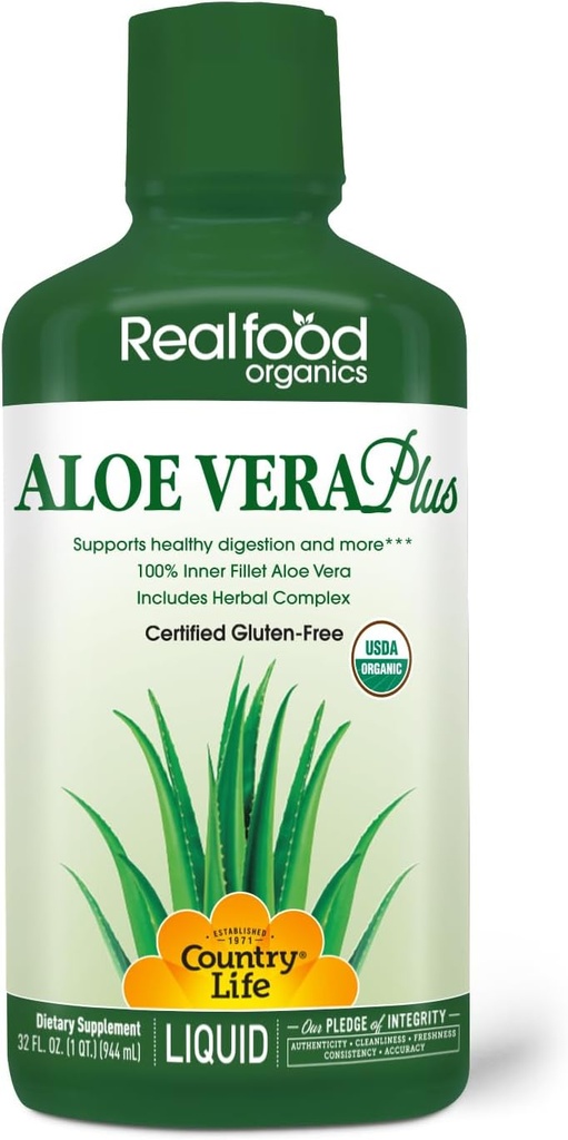 Country Life Realfood Organics Liquid Aloe Vera Plus - Suporta Sistema Digestivo de Saúde e Imune - com Slippery Elm, Ginger, Açafrão, hortelã - orgânico ATIVAloe, Processo Qmatrix - 32 onças