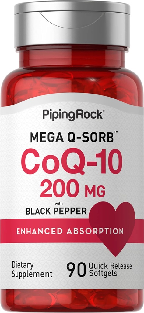 Piping Rock CoQ10 200mg Softgels .; 90 Conde , Suplemento para Mulheres e Homens , com Extrato de Pimenta Preto , Não-GMO, Gluten Free