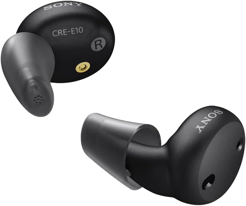 Sony CRE-E10 Auto-fitting OTC Aparelhos auditivos para perda auditiva leve a moderada, qualidade de som de grau de prescrição, design confortável Earbud, Bluetooth habilitado para iOS, e bateria recarregável, preto