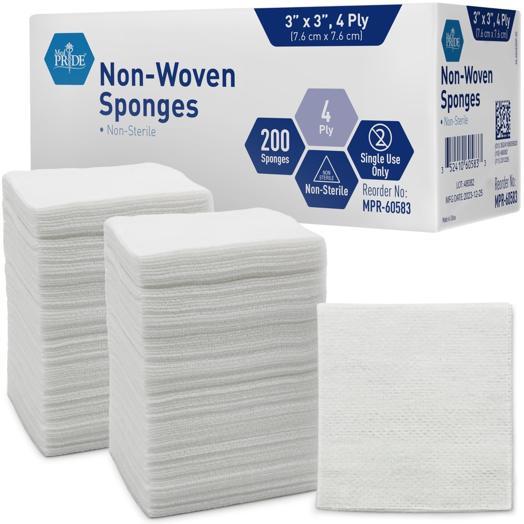 MED PRIDE 3x3 in Gauze Pads 200 Pack, Nonsterile, 4 Ply, Bandagens de malha não aderente, Esponjas Absorvente Tratamento da Ferida