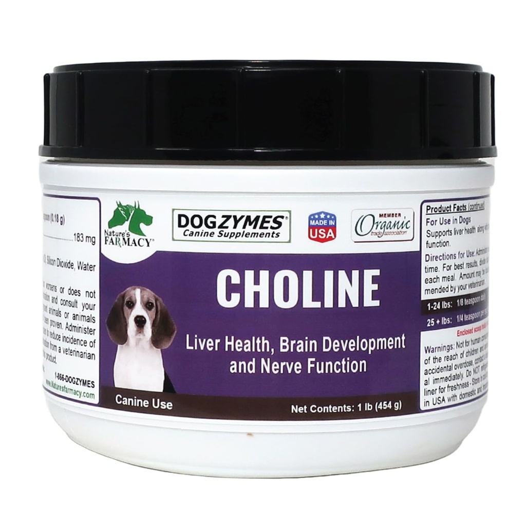 Dogzymes Choline ajuda na função cerebral e também ajuda com convulsões e recuperação de derrame. Também é usado para limpar o fígado de lipídios acumulados (1 libra)