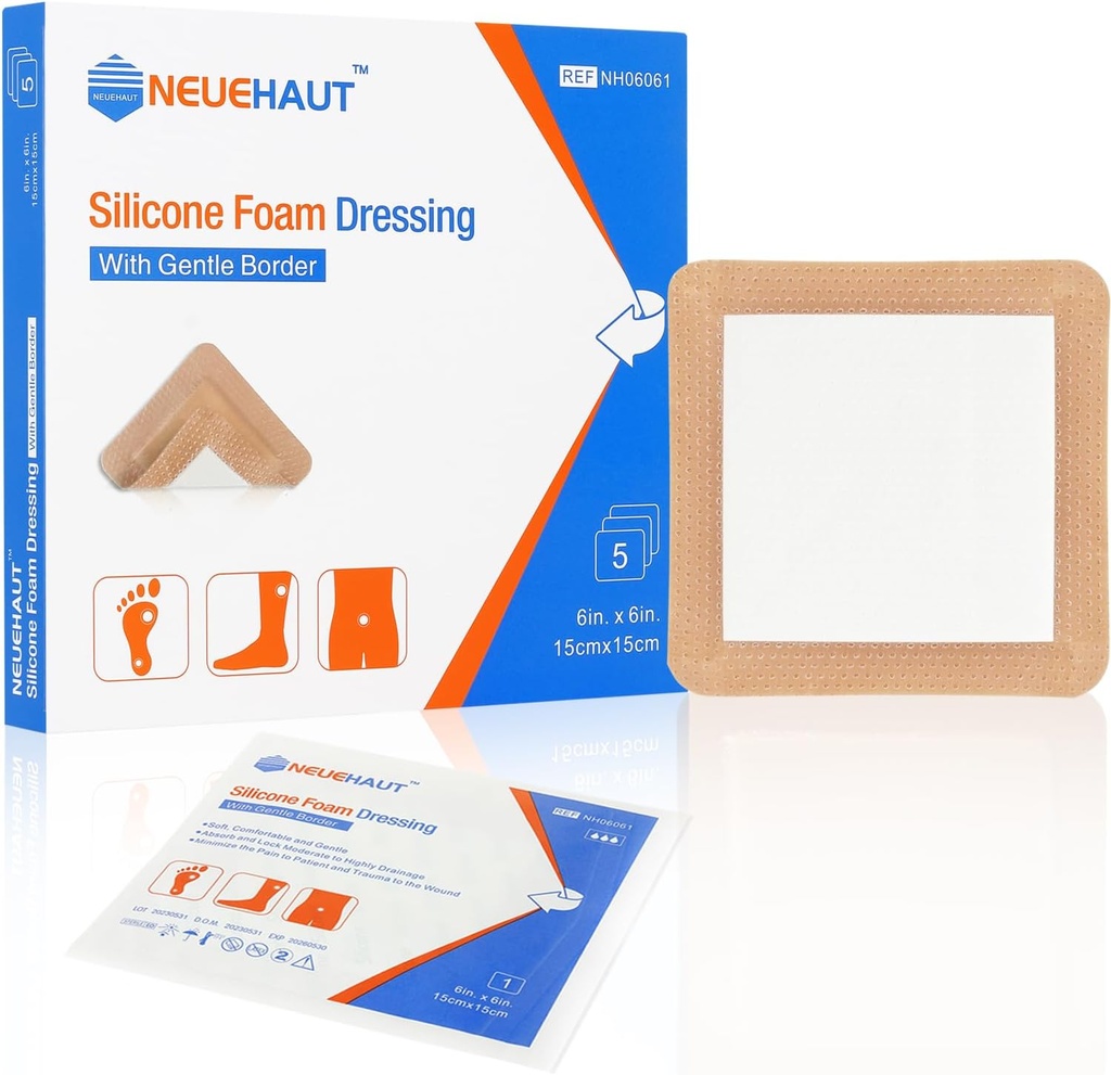 Vestido de espuma de silicone com borda de adesivo suave 6''x6', leito dolorido Ulcer Perna Ulcer Bandagem de ferida de silicone, alta absorção impermeável, 5 Pack by NeueHaut