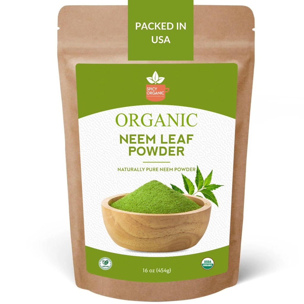 SPICY ORGANIC Neem Powder – 16 oz. - Certified USDA Organic -Non-GMO - Fresh Dried Neem Leaves Powder for Healthy Hair and Skin - Azadirachta Indica Ayurvedic Herb for Global Wellbeing